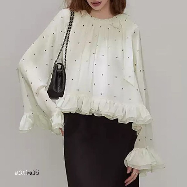 ドット フレアスリーブ フリルヘム ブラウス 25491