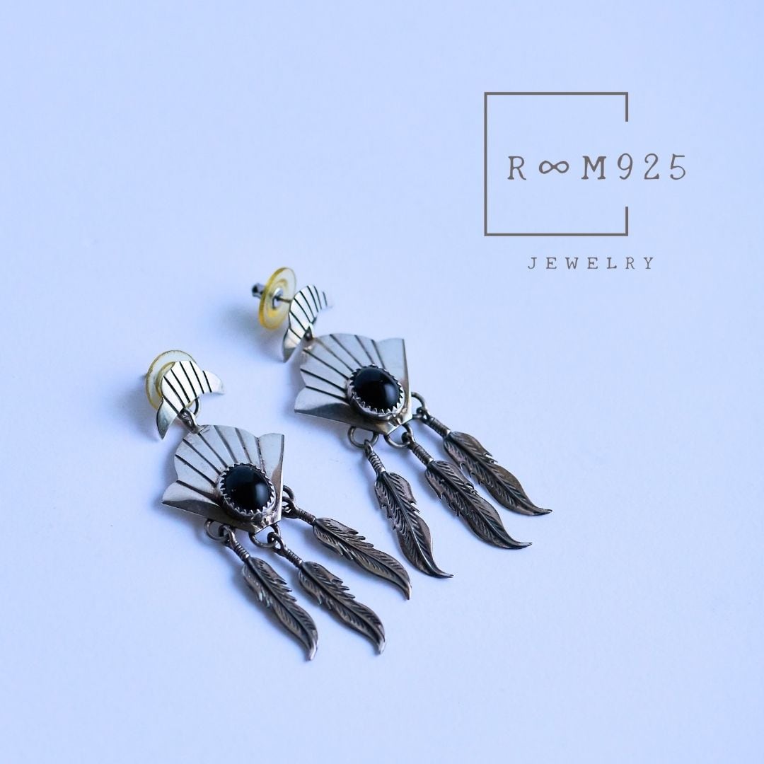 J104】ヴィンテージ ナバホ ブラックオニキス ダングル ピアス