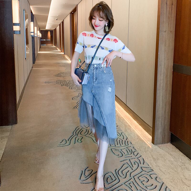 ジャカードニットTシャツ メッシュスカート スプリングサマー 春物 夏物 ステッチ MIUCO38362444138