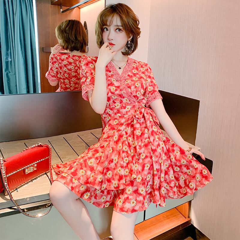 レースVネックウェストプリントドレス サマージャンプスーツ オールインワン 夏物 レースアップ MIUCO8793056895