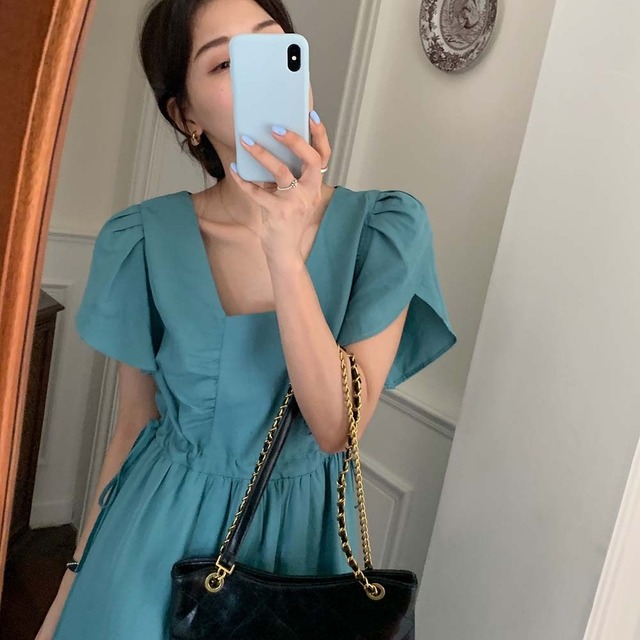 ドレス サマープリーツAラインソリッド カラー薄手スカート レース 夏物 レースアップ ソリッドカラー ビッグFスモールZ韓国93696347933