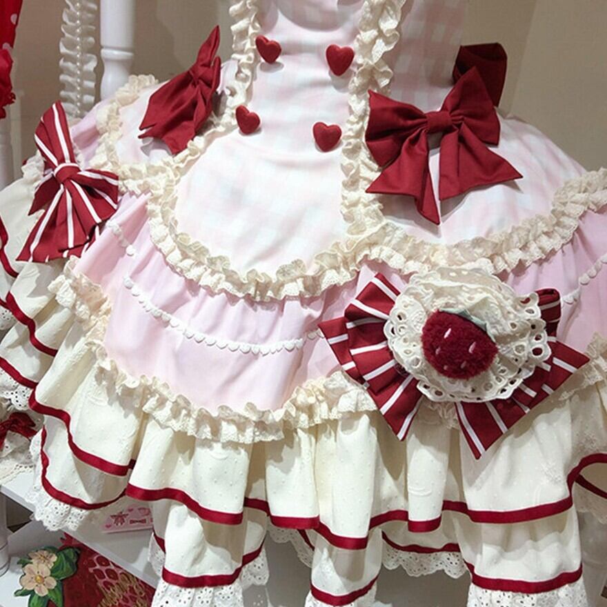 甘ロリ ワンピース いちごモチーフ フリルリボン ピンク×レッド お茶会