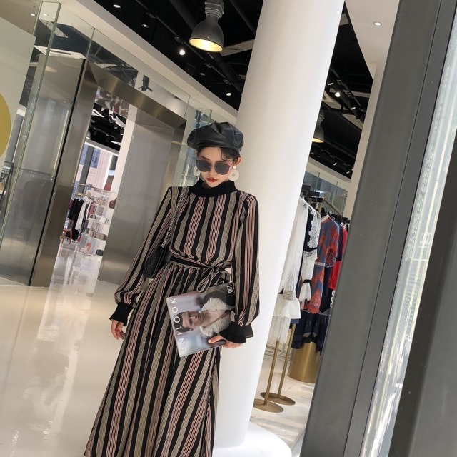 レトロ マルチストライプ カジュアル 長袖 ストライプ シフォン ロング丈 ワンピース 韓国 オルチャン 新作 秋冬 秋 冬 Ut 280 Musubi Me 韓国 オルチャン レディースファッションのお店