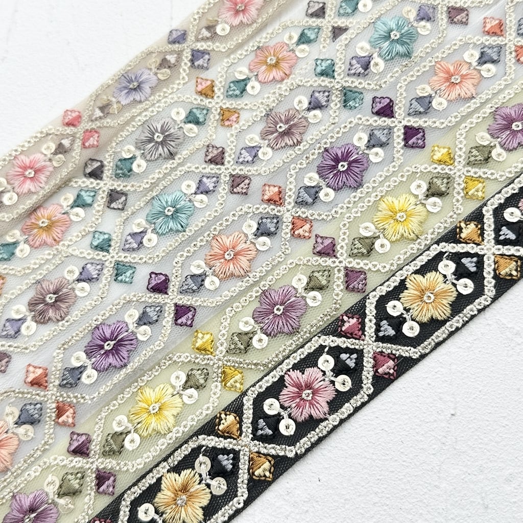 インド刺繍リボン 花 シルク100% 着物帯 花火 髪飾り 成人式 和風 和柄