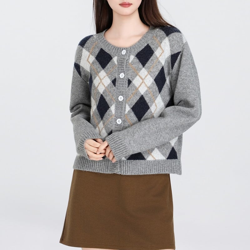 argyle roune-neck retro knit cardigan m1336