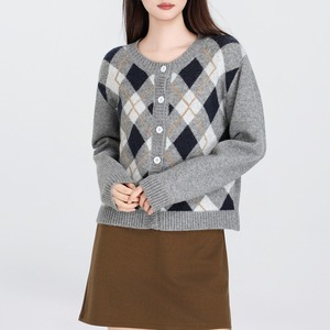 argyle roune-neck retro knit cardigan m1336