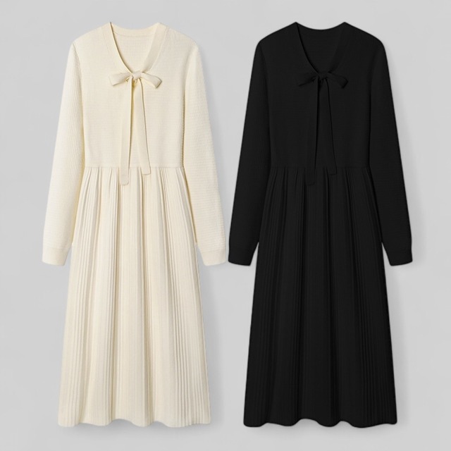 Bowtie knit pleated dress (ボウタイニットプリーツワンピース)