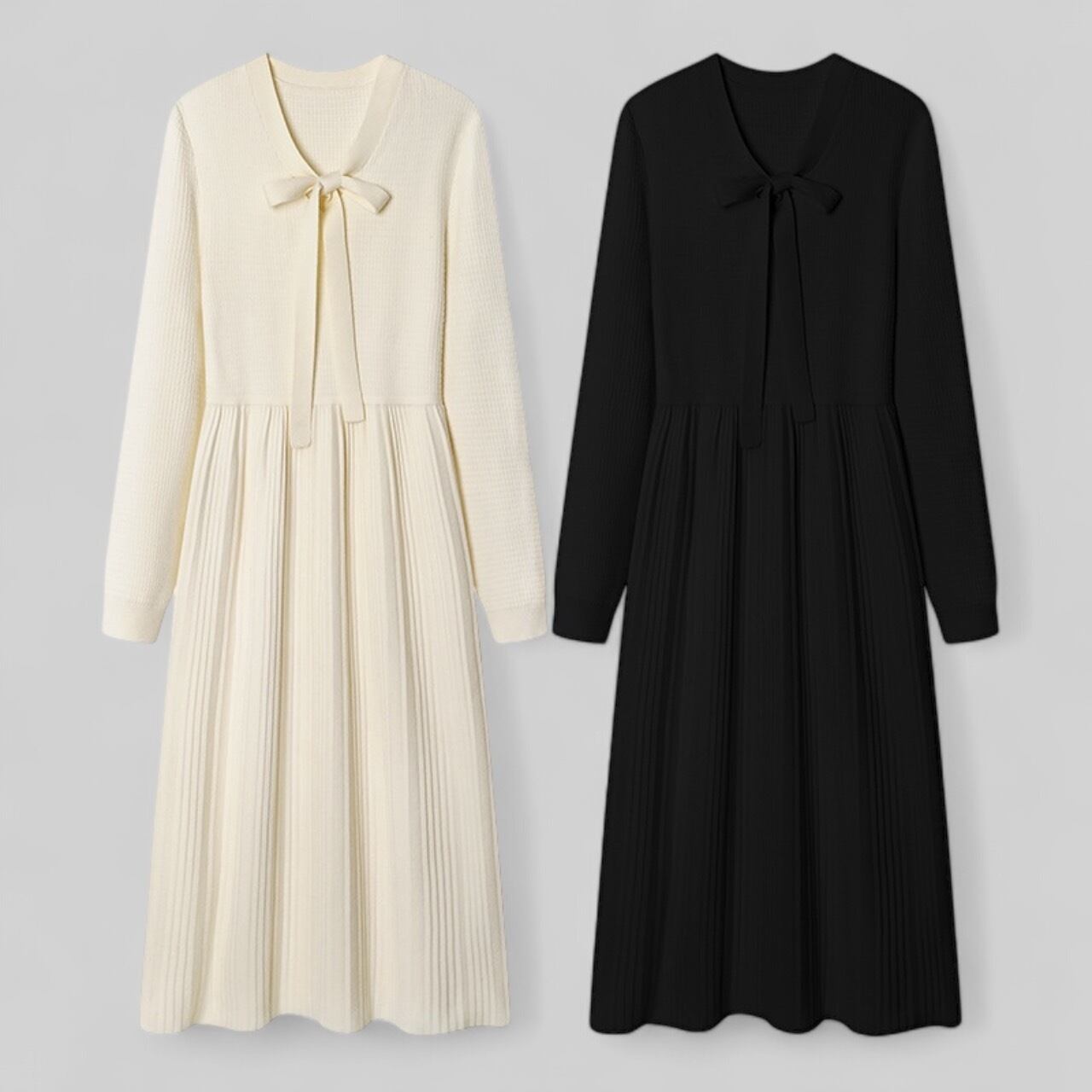 Bowtie knit pleated dress (ボウタイニットプリーツワンピース)