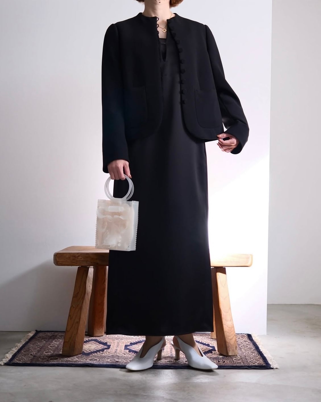 Mame Kurogouchi】Acetate Polyester Collarless Short Jacket / black