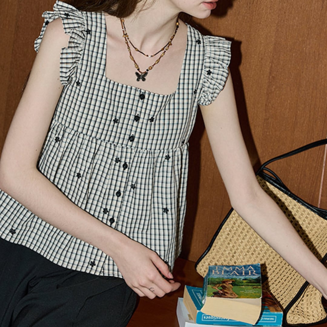 check frill sleeve camisole blouse