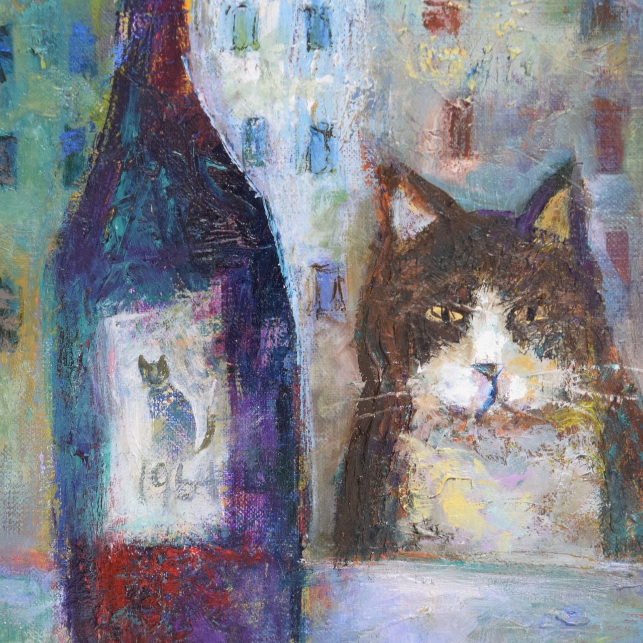 油彩 猫を描く画家 布施和佳子 仮題「猫とワインボトル」 | 一丁目ねこ