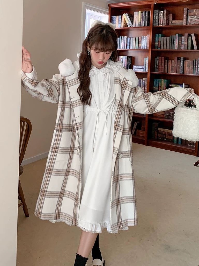 コート チェック 可愛い 原宿 渋谷 ファー 白 JK カジュアル