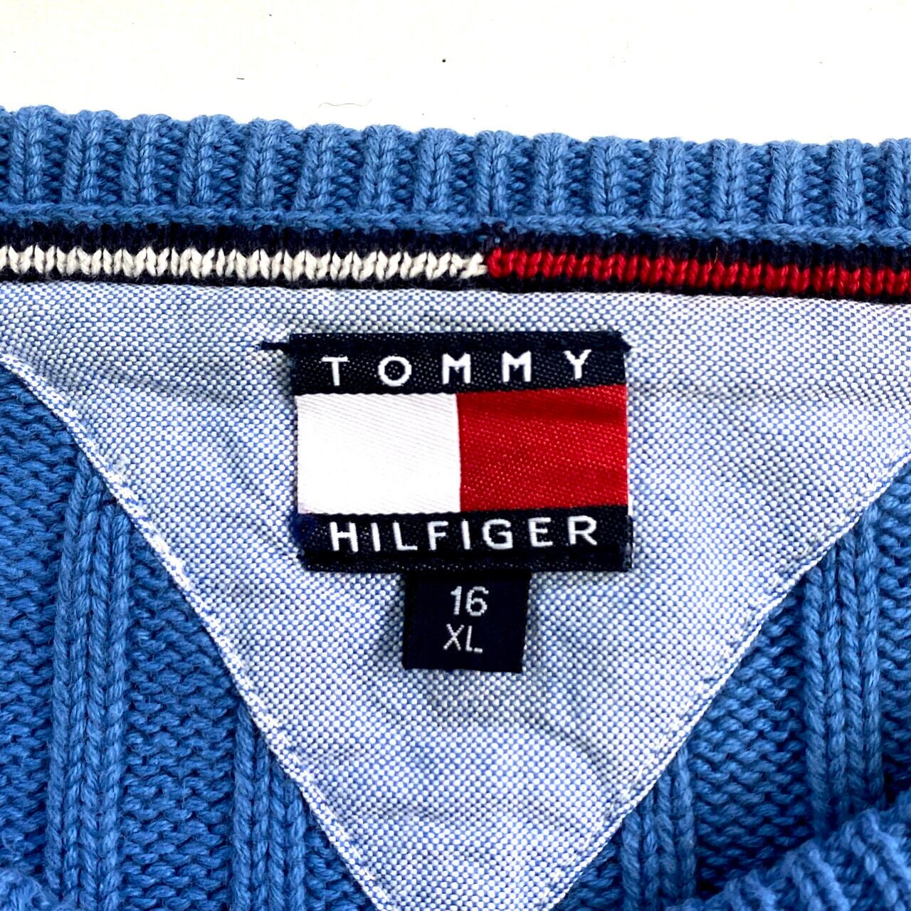 90年代 TOMMY HILFIGER トミーヒルフィガー ビッグロゴ コットンニットセーター レディースXL 古着 リブニットセーター ライトブルー 水色 ヴィンテージ ビンテージ 90s 【ニットセーター】【WS2202-30】【SOL】 | cave 古着屋【公式】古着通販サイト
