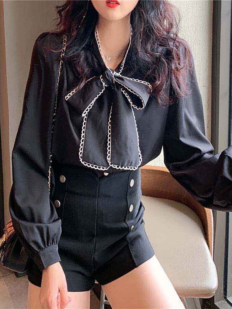 ピコレースボウタイ長袖ブラウス お出かけ お呼ばれ 大人 きれいめ リボン 配色 大きいサイズ 韓国 CH8160