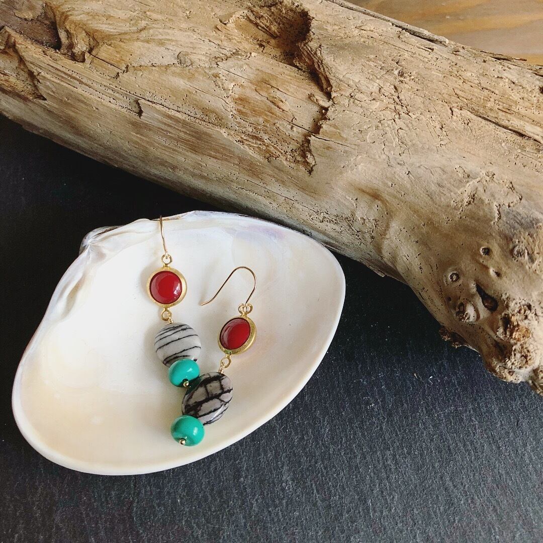 アンティークガラスパーツ×ゼブラジャスパー×アンティークターコイズのピアス