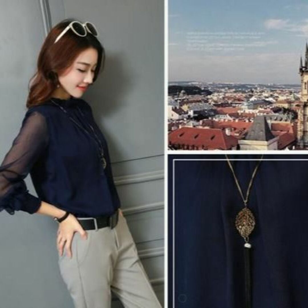 Lネイビー レディース ブラウス シフォン 長袖 シースルー フォーマル シャツ