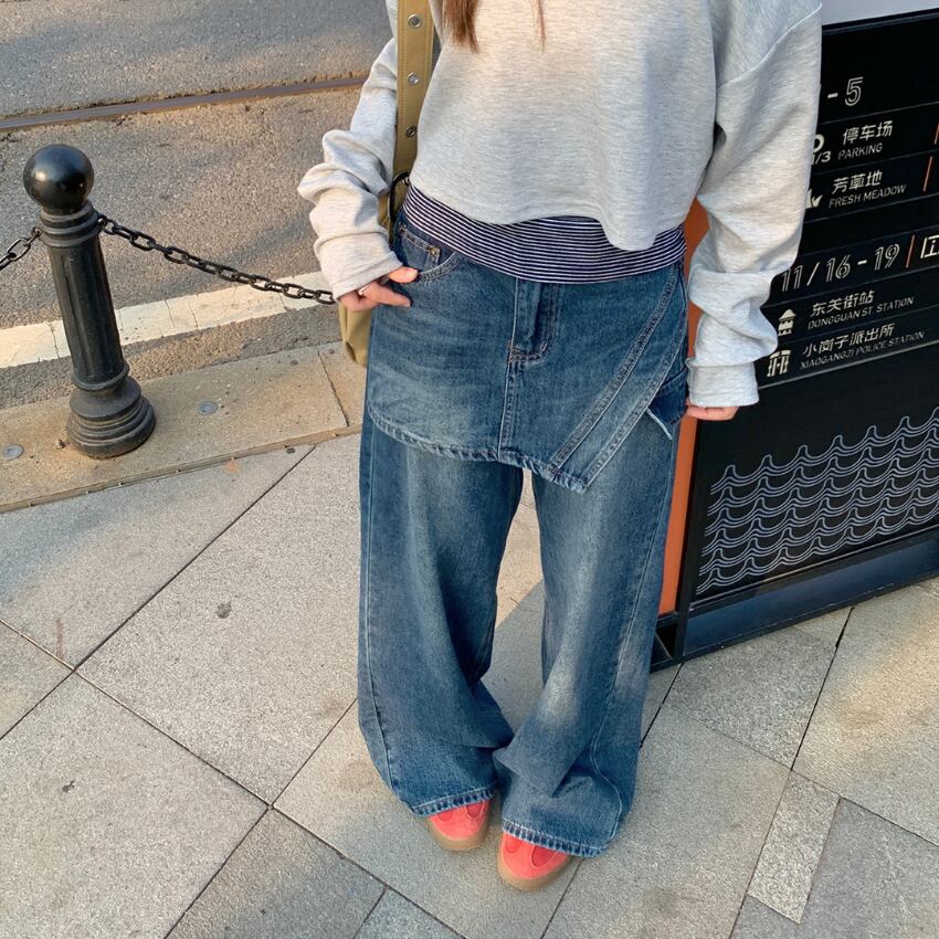 layered design denim pants　J00247