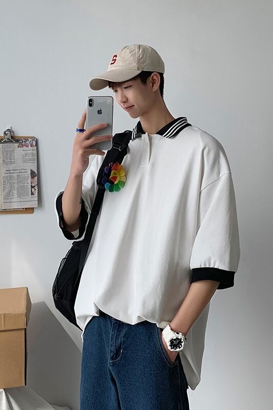 全1色 ポロシャツ Tシャツ カットソー 無地 カジュアル 襟付き 