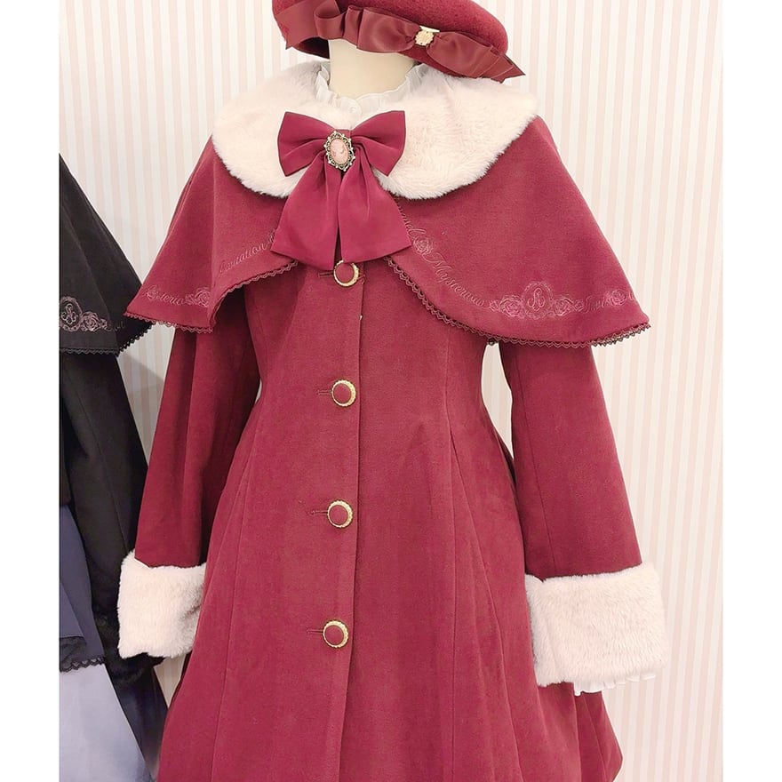 ロリィタ クラロリ ケープ付 ロングコート 刺繍 ファー 襟 刺繍