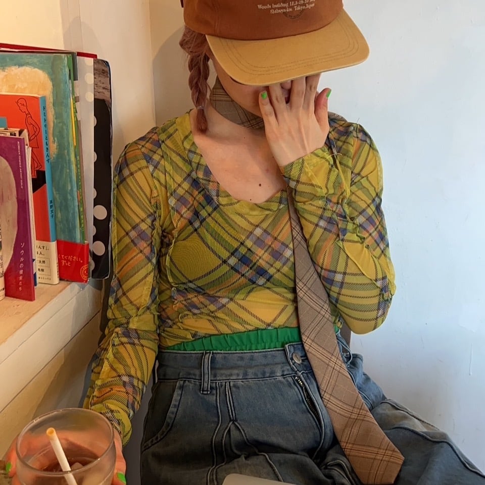 チェック柄アウトステッチシアートップス_LN02630