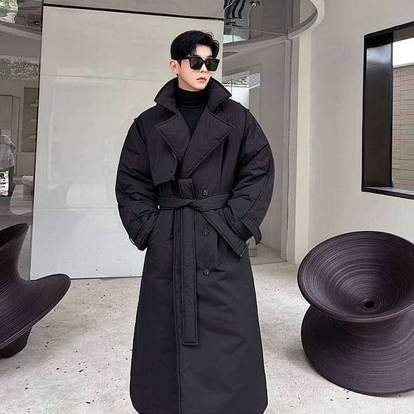 【予約販売】ダウンコート メンズ トレンチコート アウター ブラック ロング丈 黒 防寒 お洒落 こなれ感 ベーシック 秋冬 大きいサイズ M/L/XL