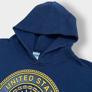 【SOFFE】90s USA製 リフレクター付き ロゴ プリント US NAVY バックプリント パーカー プルオーバー スウェット フーディー hoodie S ネイビー ソフィー 米軍 アメリカ軍 ミリタリー us古着