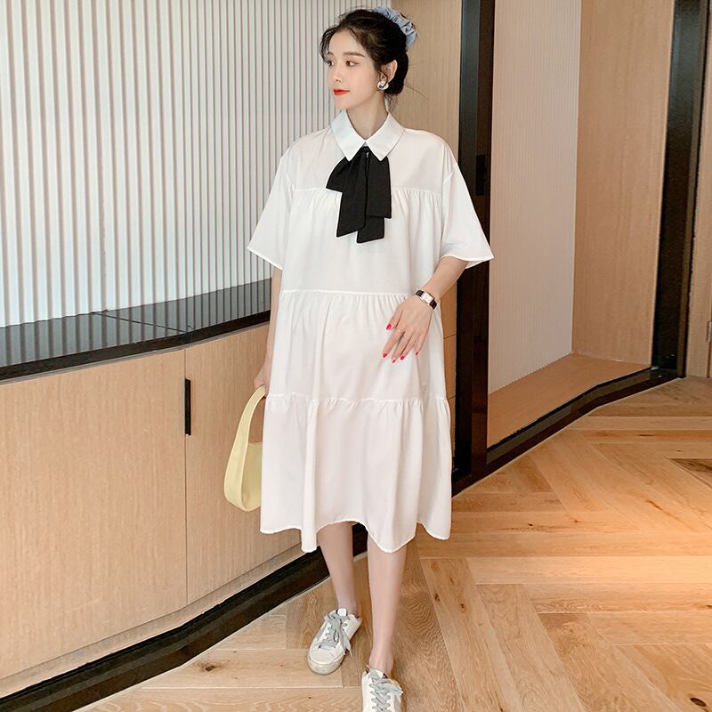 【新作】【送料無料】 マタニティ2020夏の新しいスタイルの綿とリネンの蝶ネクタイドレス妊婦-アリババ リボン コットン サマー 夏物 expec224943867741