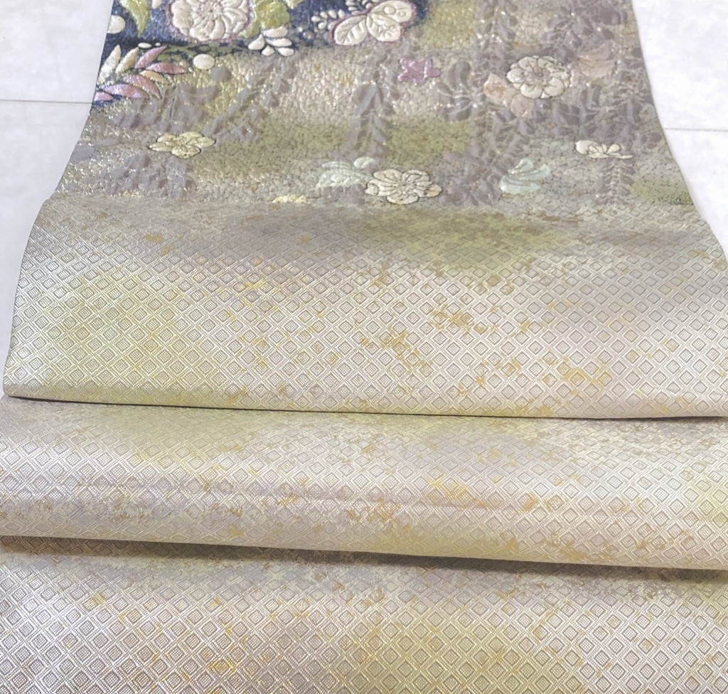 未使用 辻が花 纐纈 膨れ織り 銀糸 袋帯 正絹 青 黄緑 紫 未使用 辻が花 纐纈 膨れ織り 銀糸 袋帯 正絹 青 黄緑 紫