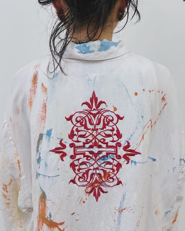 90s embroidery linen shirt dress "abstract"