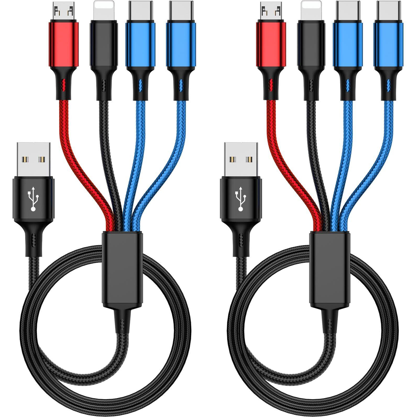 【人気】usb 充電ケーブル 4in1 (デュアルUSB C 2本入) 携帯電話、タブレット、イヤホン、その他のデバイスを充電するためのマルチ充電ケーブル (非急速充電) ナイロン編組 3in1 USB ケーブル