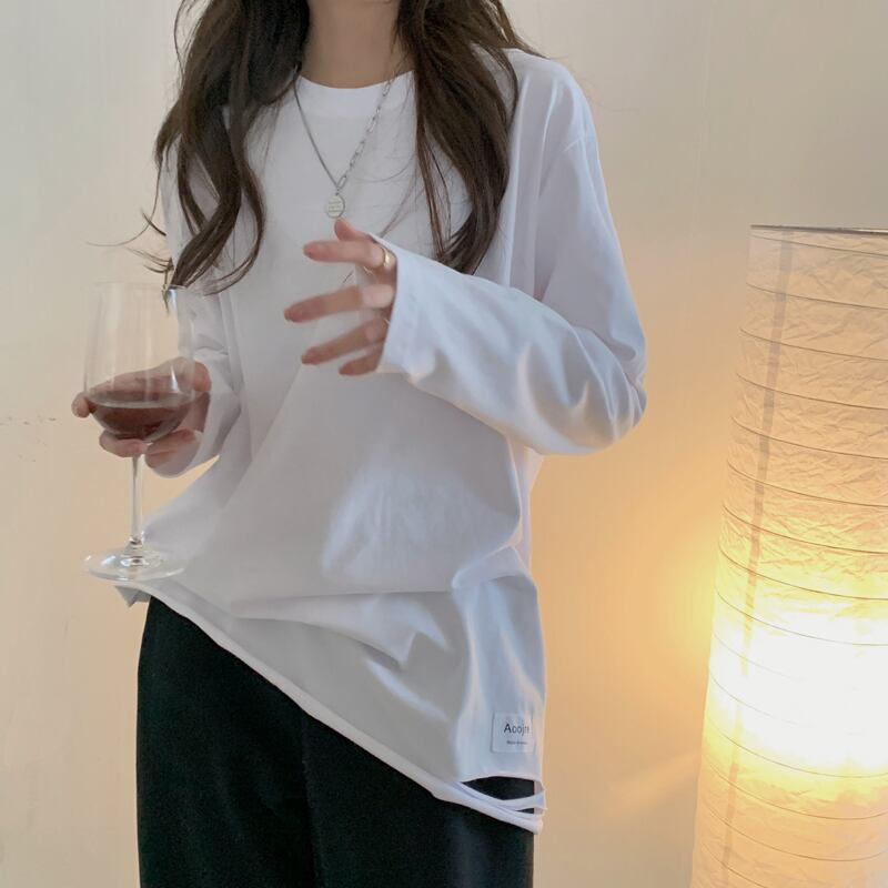 Tシャツ シャツ ルーズホワイトスプリングトップス ロング 春物 ブラックストロベリース55720613676