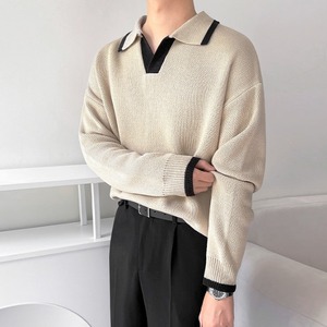 バイカラーニット｜ポロ襟デザイン｜長袖セーター m0059