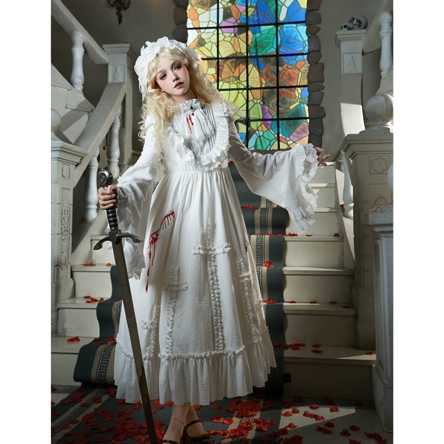 【新品未使用】ゴスロリ 衣装 短OP 3点セット 血糊 ロリータ　白 ゴスロリ 3点セット 血糊×姫袖ロングワンピース 撮影会向け｜WithU