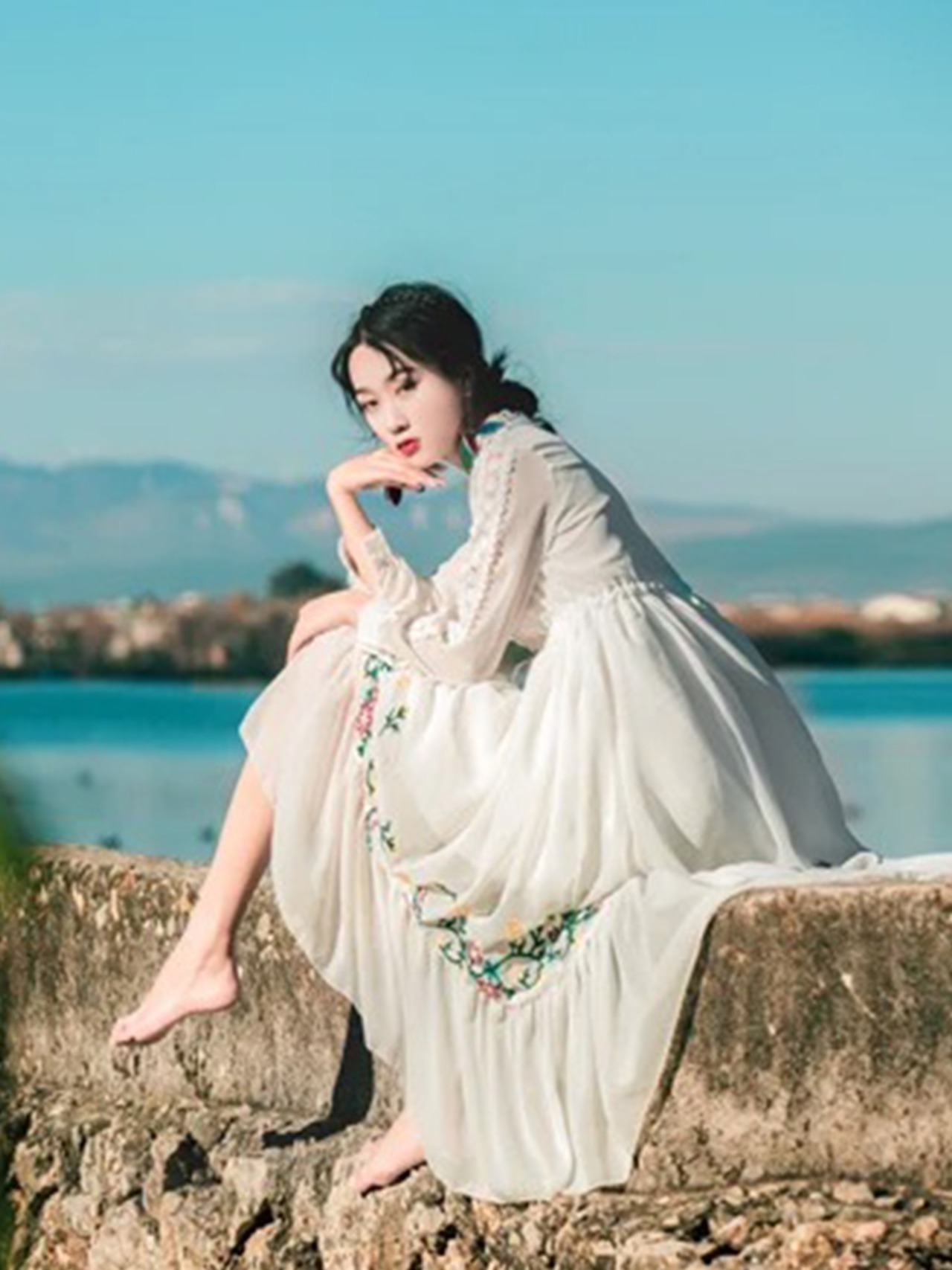 【0161】Flower Embroidery A-line Long Sleeve Dress