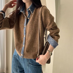 デニム 切り替え ニット カーディガン 長袖 レディース 春秋冬 韓国 きれいめ 大人 カジュアル おしゃれ 重ね着風 トップス 羽織り ドッキングニット 大人可愛い 大人女子