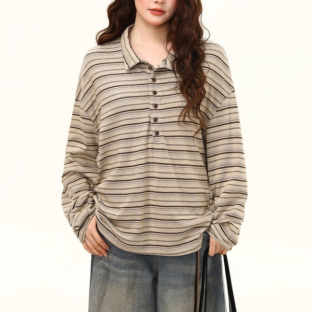 レトロボーダーヘンリーネックポロロングスリーブTシャツ 2col R02518