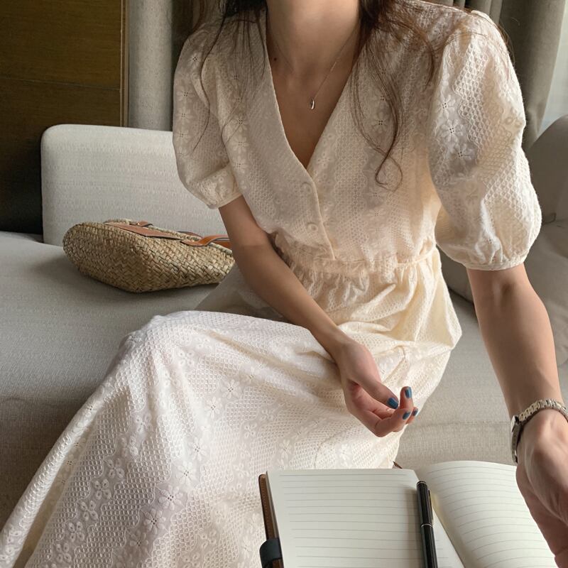 ウェストロングスカート サマースタイル薄手Vネックスリーブベージュドレス レース 夏物 レースアップ ビッグFスモールZ韓国49099324497