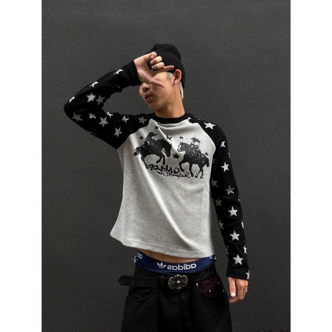 VINTAGE ストリート スタースリーブ ワッフルロングTシャツ T2245
