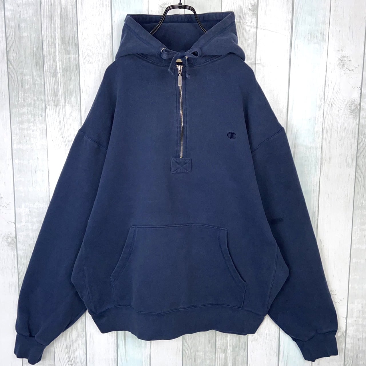 古着 Champion チャンピオン ハーフジップ パーカー 60s タタキタグ ヴィンテージ ネイビー XL