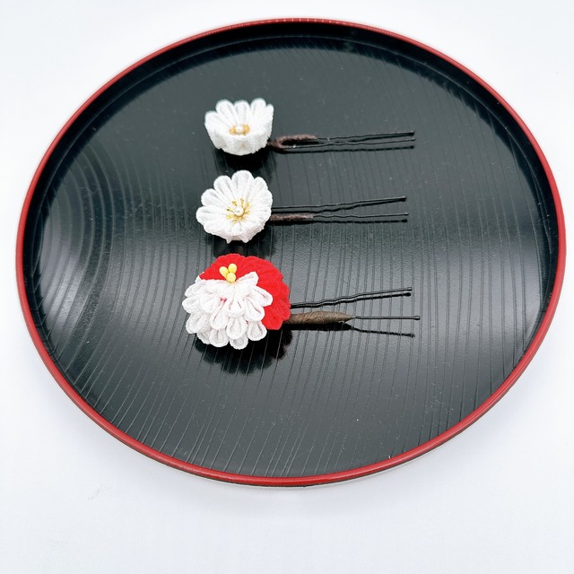 つまみ細工　かんざしセット　紅白中花×小花（白）①②③