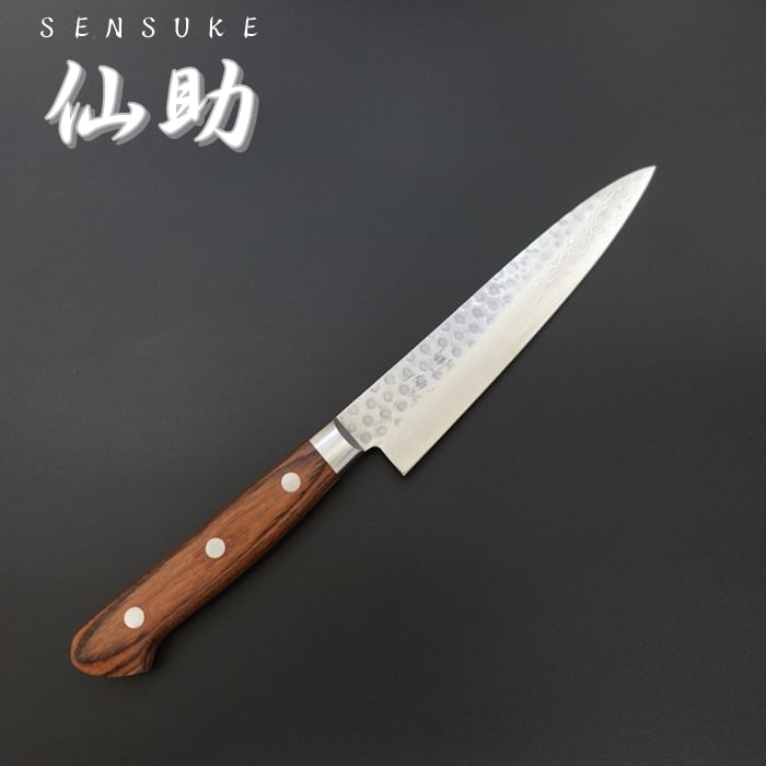 仙助 包丁 ペティナイフ VG10 ダマスカス33層 鎚目打 マホガニ合板柄 140mm