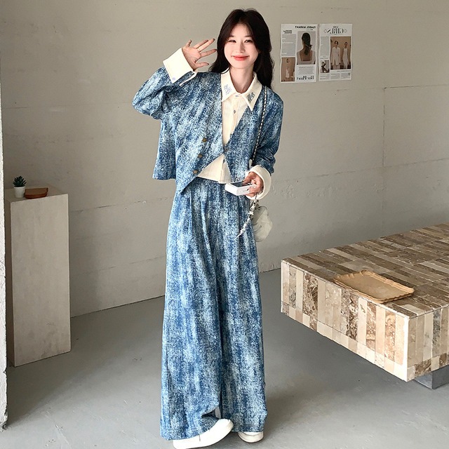 【MOBAIシリーズ】★セットアップ★ トップス+ズボン 2点セット 絞り染め フェイクレイヤード
