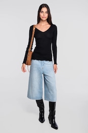 ウールシルク Vネック 長袖 ブラック 2、3サイズ