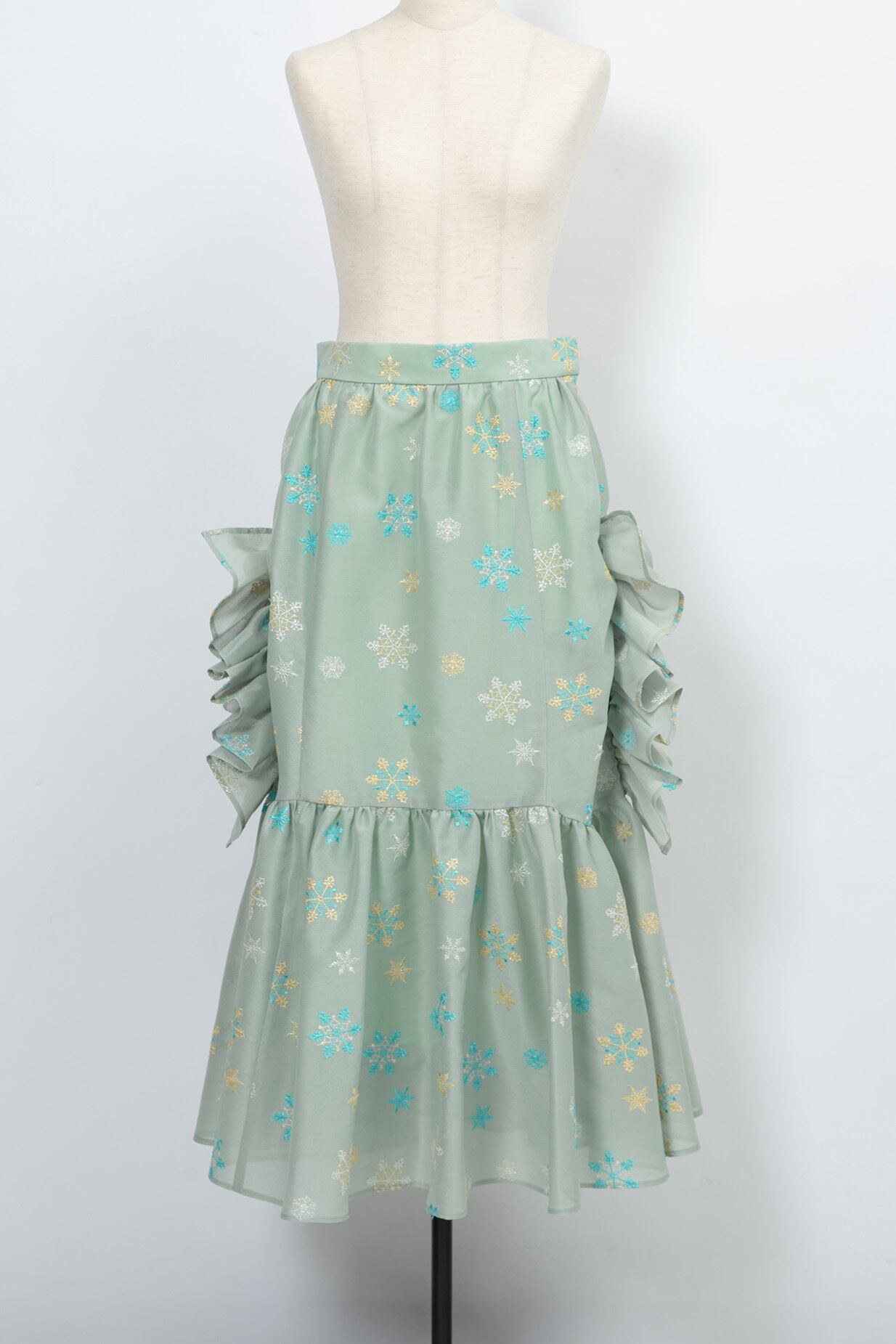 Snow Flake Embroidery Frill Skirt GREEN