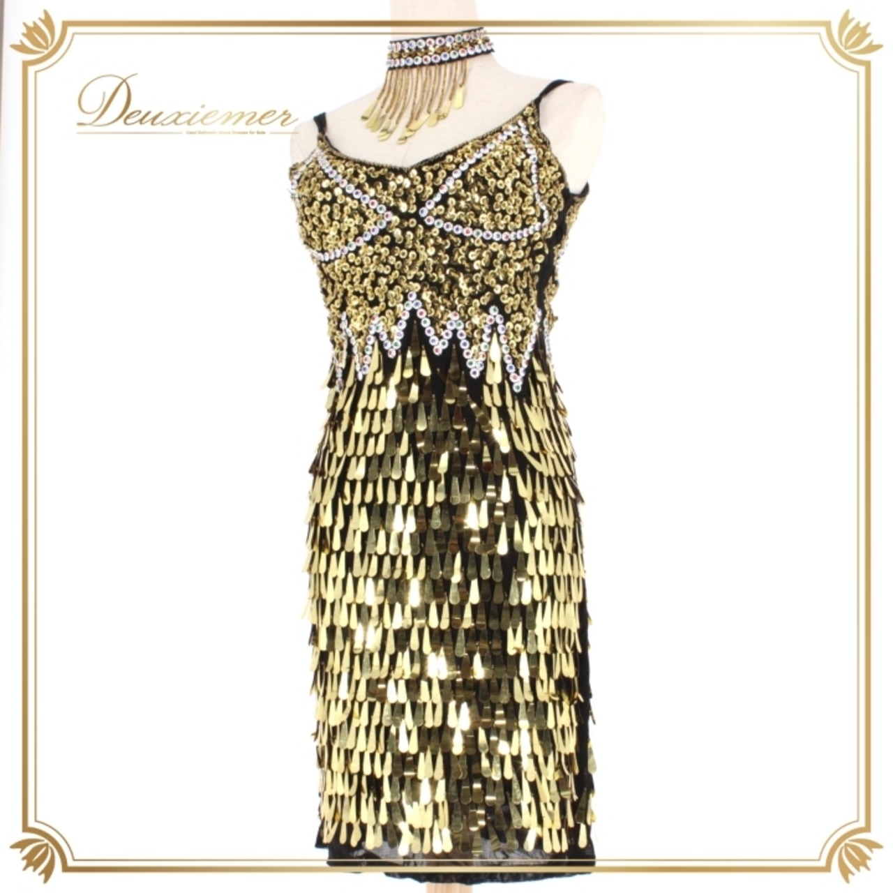 社交ダンス 衣装 ラテン ドレス ワンピース ステージ衣装 パーティドレス レディース金 黒 スパンコール ゴールド系 ブラック系 チョーカー 華やか デザイン 豪華 きらびやか 印象 おしゃれ ショートドレス フォーマル 謝恩会 お誕生日会 クリスマス パーティー 衣装 ブラック ゴールド レース 伸縮性 体型カバー 夏服 プロムドレス セクシー レディースファッション 反射光 ドレッシー 派手 目を引く