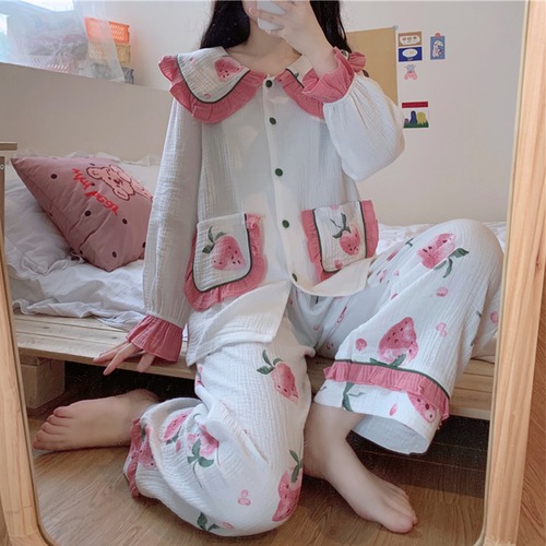 ✞パフスリーブいちごポケットつきトップス＆パンツ 上下セット パジャマパーティー 室内着 大人女子☆ ロング スウィート 秋物 ✞ゴスロリ SM ミリ 甘ロリ クラロリ 和ロリ エレガント 黒ロリ 姫ロリ 華ロリ BB-BB20575704767