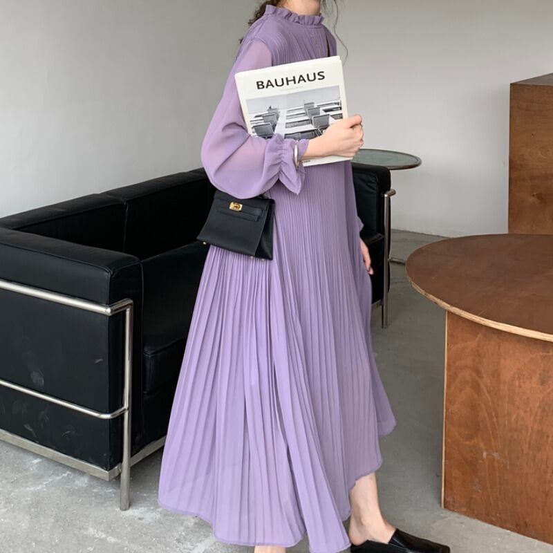 ワンピース レディース フレアワンピース ロングワンピース 袖あり 長袖 フリルネック フレア プリーツ 透け感 かわいい 大人可愛い きれいめ 上品 エレガント フェミニン おとな こなれ感 ラブリー キュート ガーリー レトロ 無地 オフィス OL 通勤 学生 通学 デート お出かけ 女子会 休日 旅行 美術館巡り アート鑑賞 カフェ巡り 街歩き フリーサイズ パープル 紫 春 秋 冬 10代 20代 30代 40代 ママ 女性用 韓国 着回し 普段使い 体型カバー コーデ プチプラ モテ 送料無料