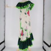 フラダンス 衣装 ワンピース ドレス ムームーファクトリー ホワイト系 グリーン系 T&L MUUMUU FACTORY ハワイ製 アシンメトリー フリル ハイビスカス柄 かわいい 華やか 鮮やか 明るい ハワイアン アロハ ハワイアンプリント フラ