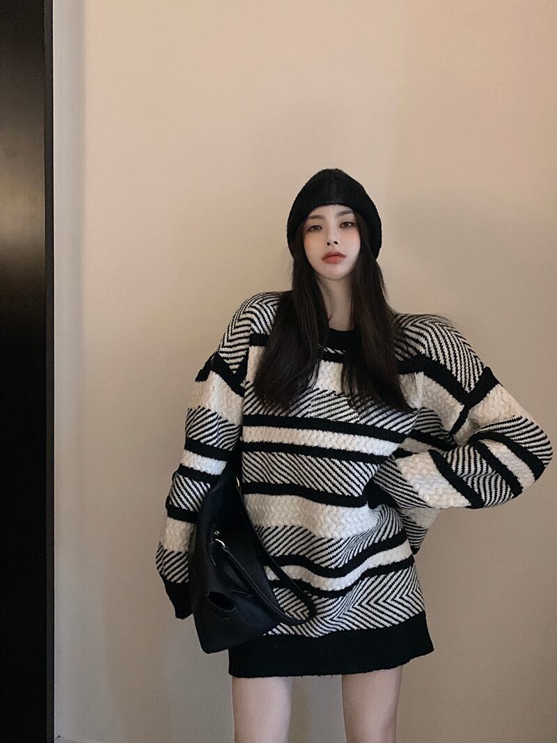 ルーズカジュアルスタイルプルオーバー セーター ジャケット オータムウィンターストライプトップス 秋物 冬物 ブラックストロベリース48090645464