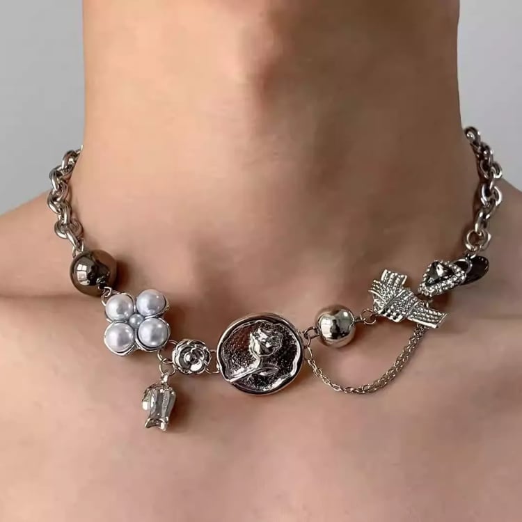 メタル&パール風 デザインネックレス L00109